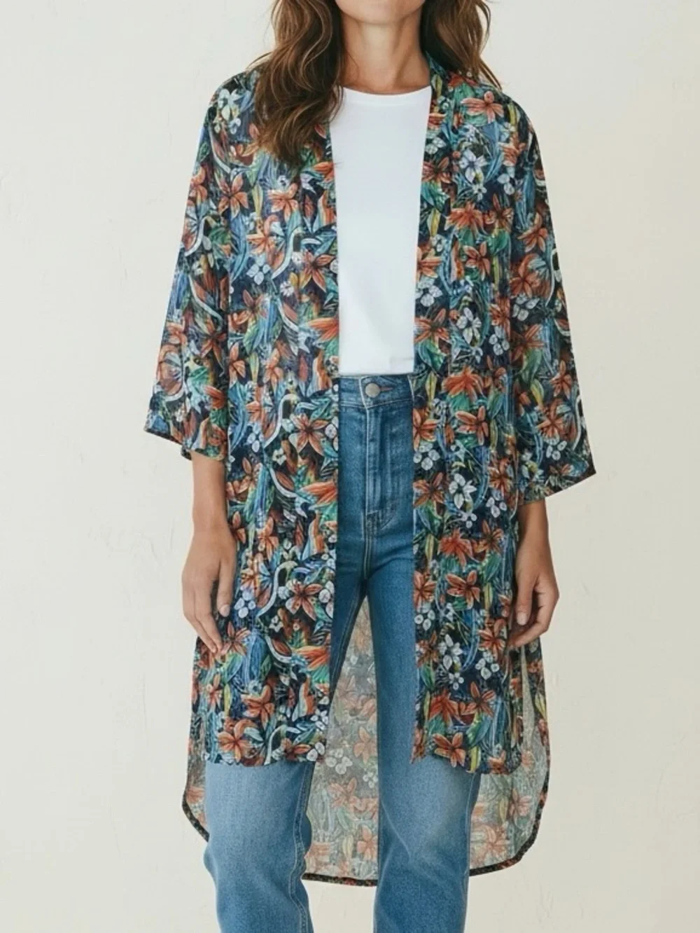APT.9 - Sz L / XL - Floral Kimono Duster - Multi-Color tropical beach boat